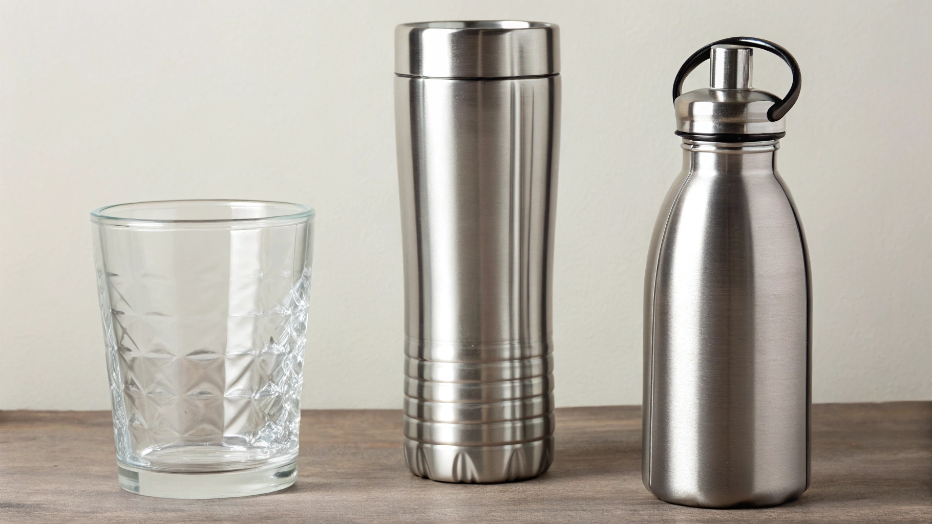 alt with keywords: Glass water bottle next to a stainless steel bottle