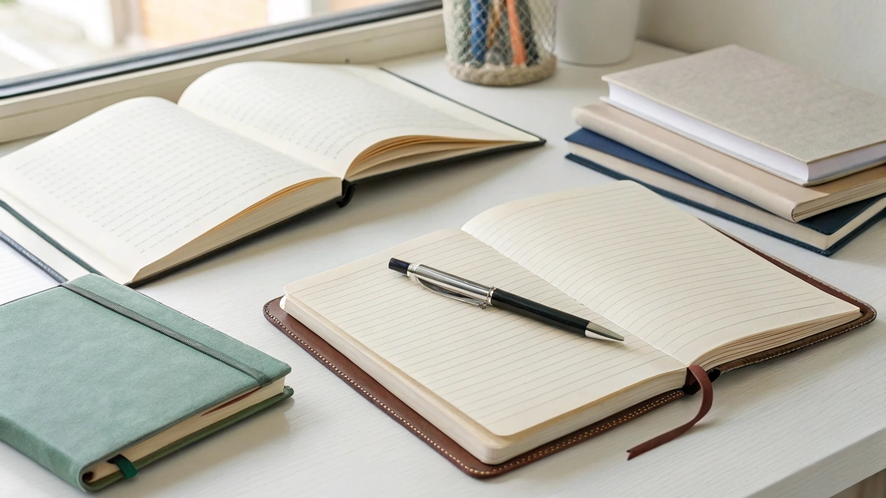 alt with keywords: Person writing in a notebook next to a laptop, showing coexistence