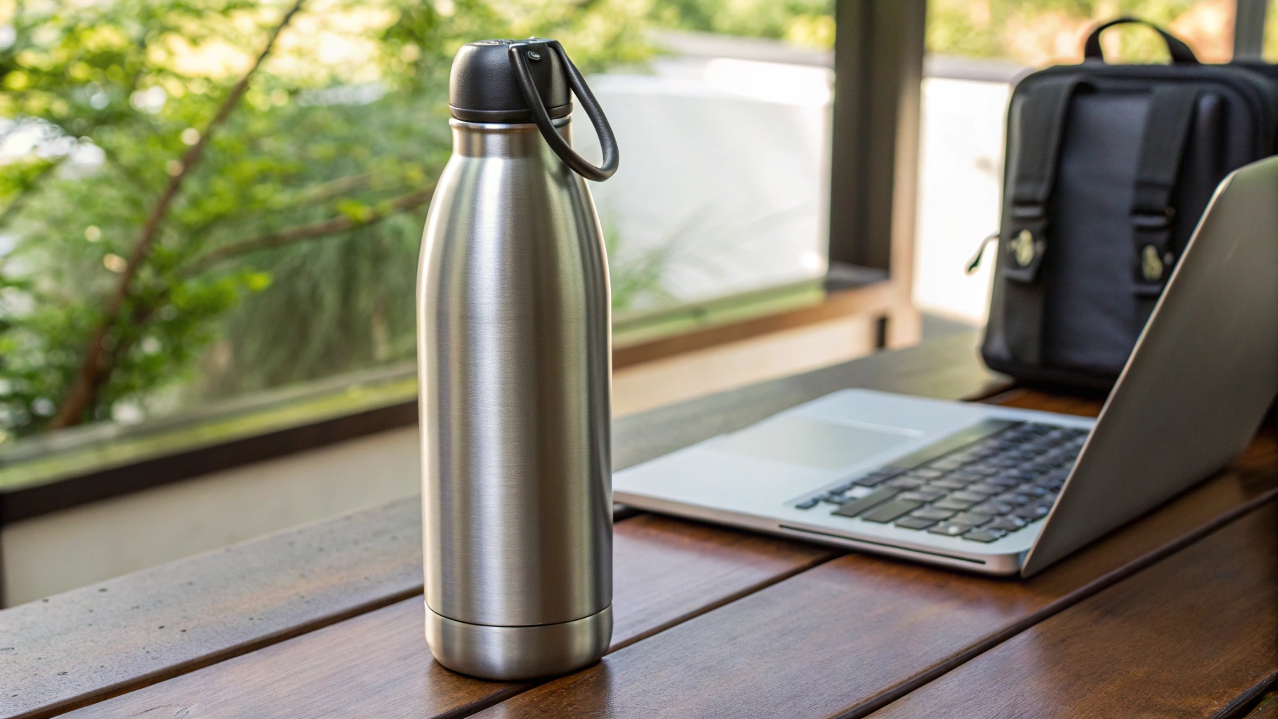 Stainless steel water bottle on an office desk