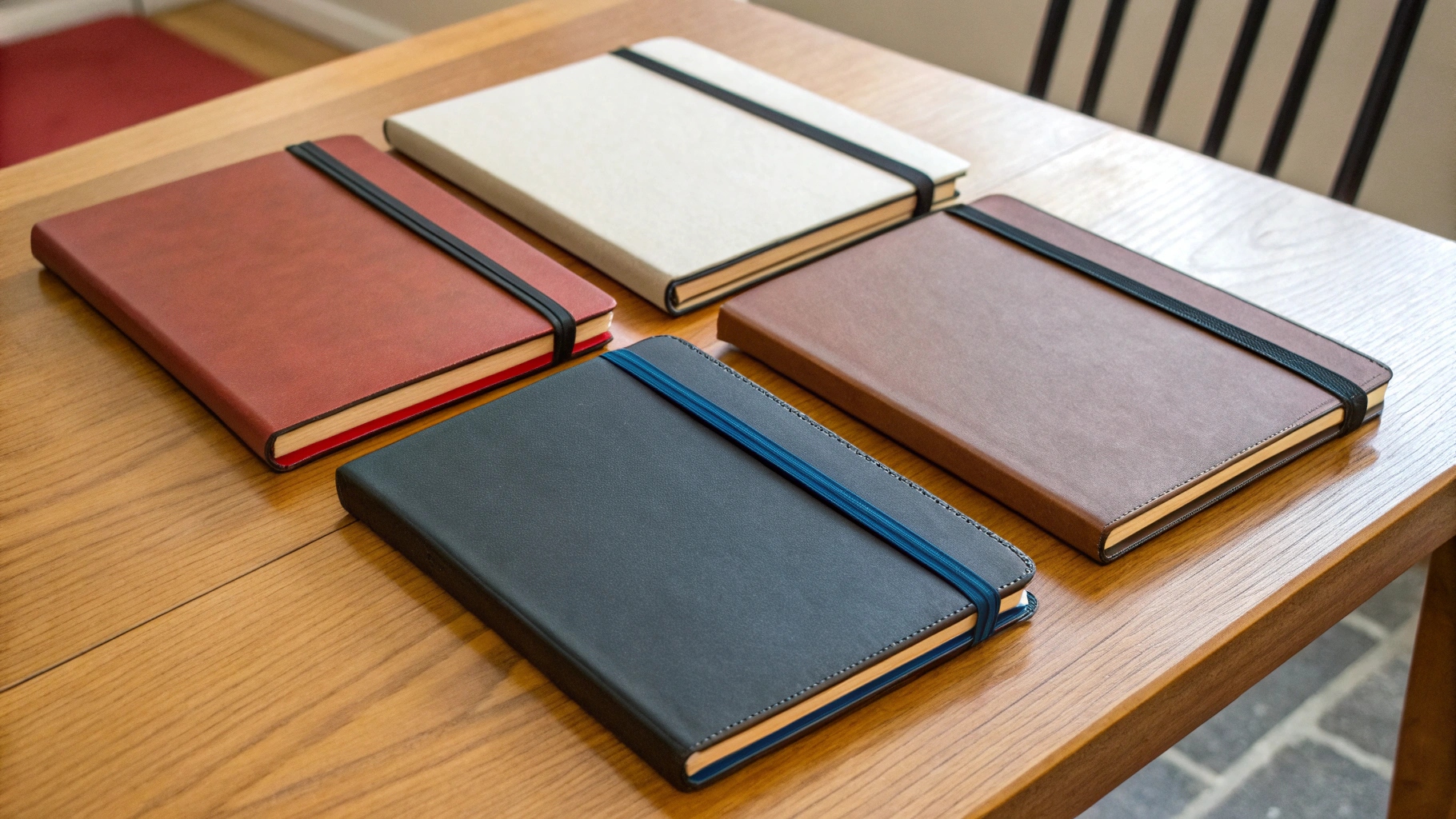 alt with keywords: Classic black Moleskine notebook showing elastic band and rounded corners
