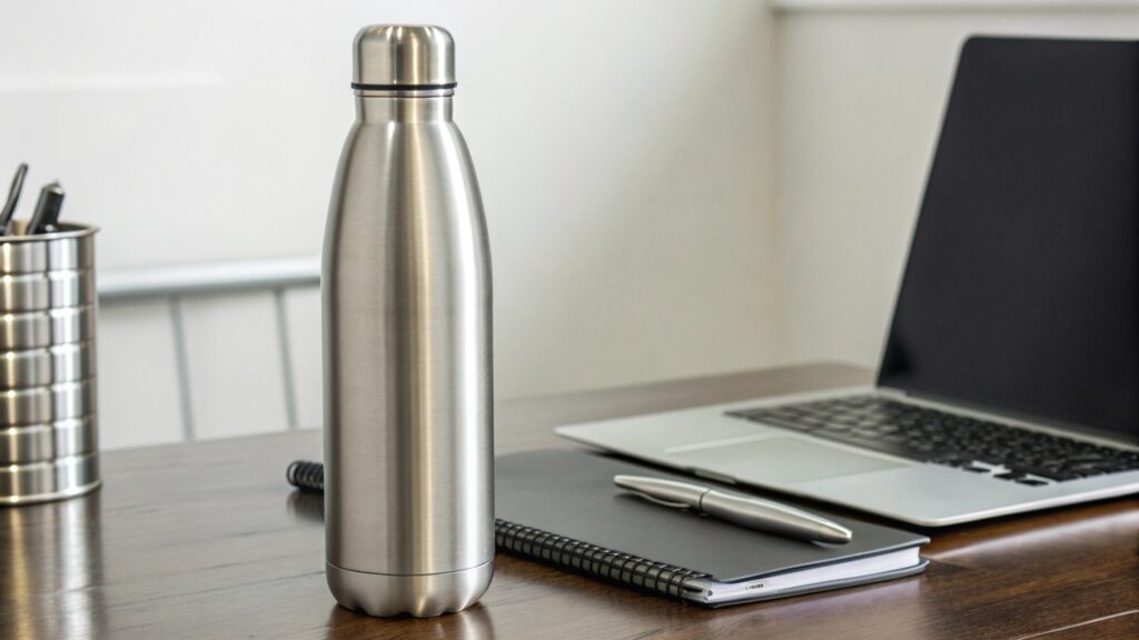 premium branded water bottles on a desk