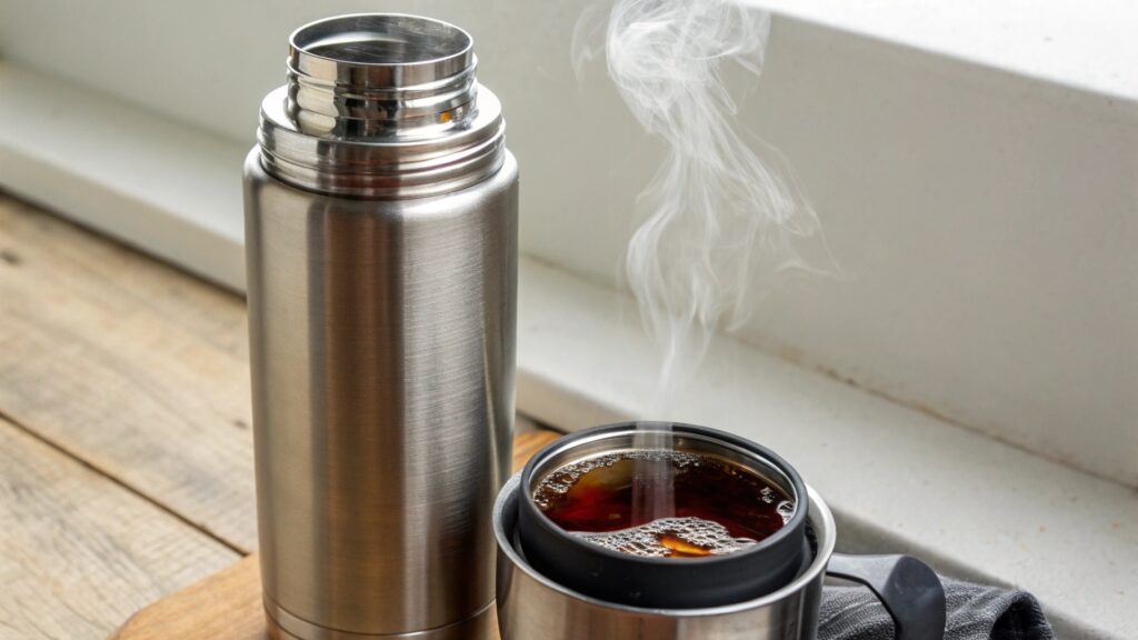 pouring hot tea into a stainless steel bottle